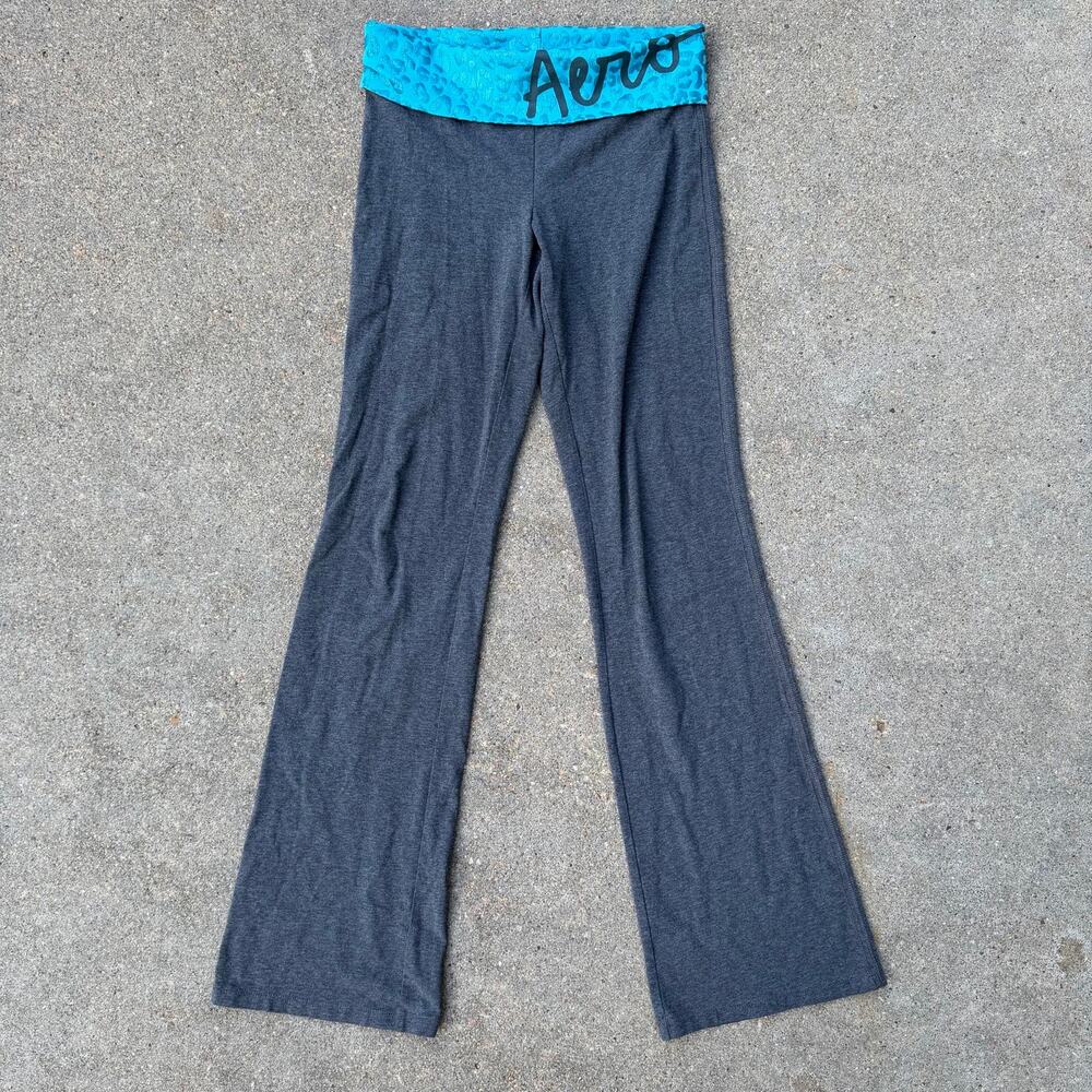 Y2K Aero Blue Cheetah Foldover Waistband Gray Bootcut Flare Yoga Pants MEDIUM